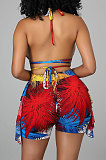 Colorful Euramerican Women Sexy Bandage Hallter Neck Backless Printing Shorts Sets ANK06023