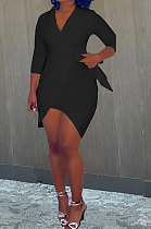 Black Euramerican Women Trendy Sexy Turn-Down Collar Pure Color Tied Mini Dress OMY80039-2