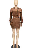 Coffee Women Fashion Long Sleeve Solid Color Zipper Hooded Tops Korea Velvet Pocket Skirts Sets AA5278-1