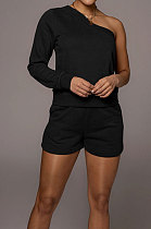 Black Modest Autumn One Sleeve Oblique Shoulder Top Drawsting Shorts Casual Sets FH157-4