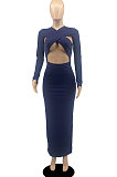 Navy Blue Sexy Cotton Blend Long Sleeve Strapless Hollow Out Solid Color Bodycon Dress DR88122-5
