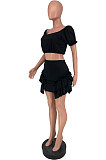 Pink Wholesal New Ruffle Sleeve A Wrod Shoulder Strapless Pleated Wrap Skirts Two-Piece LY016-1