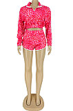 Rose Red New Leopard Printing Long Sleeve Zipper Jumper Shorts Edge Strip Sport Sets LY043-3
