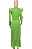 Green Club Slimple Ruffle Long Sleeve High Neck Solid Color Overlay Tops SM9202-2