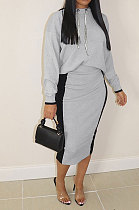 Gray Black Casual Spliced Long Sleeve Hoodie Jumper Wrap Skirts Two-Piece P8613