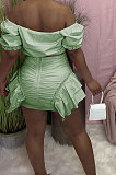 Light Green Wholesal New Ruffle Sleeve A Wrod Shoulder Strapless Pleated Wrap Skirts Two-Piece LY016-3