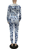 Blue New Fashion Printing Long Sleeve Zipper Hoodie Pants Sport Sets P8602