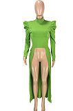 Green Club Slimple Ruffle Long Sleeve High Neck Solid Color Overlay Tops SM9202-2