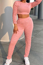 Pink Simple Long Sleeve Round Neck Crop Tops Pencil Pants Pleated Sets P8601 