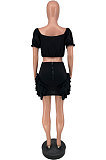 Black Wholesal New Ruffle Sleeve A Wrod Shoulder Strapless Pleated Wrap Skirts Two-Piece LY016-2