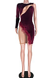 Purple Women Club Suit Sexy Fur Mesh Spaghetti Spliced Irregular Mini Dress GL6317-2