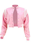 Pink Women Embroidered Letters Flannelette Cardigan Keep Warm Short Jacket GL6508-1