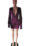 Purple Fashion Autumn Winter Spliced Vintage Solid Color Deep V Collar Horn Sleeve Mini Dress HM5270-1