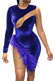 Dark Blue Women Club Suit Sexy Fur Mesh Spaghetti Spliced Irregular Mini Dress GL6317-4
