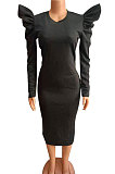 Black Euramerican Women Sexy Zipper Solid Color Round Collar Mid Waist Puff Sleeve Plus Midi Dress FA8012-1