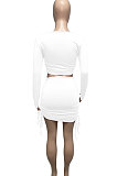 Black Euramerican Women Autumn Long Sleeve Shirred Detail Tied Hip Sexy Pure Color Skirts Sets Q938-3