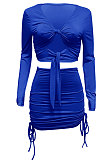 Blue Euramerican Women Autumn Long Sleeve Shirred Detail Tied Hip Sexy Pure Color Skirts Sets Q938-5