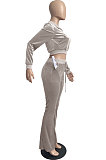 Khaki Wholesale New Korea Velvet Long Sleeve Zipper Front Coat Flare Pants Casual Sets FH171-7