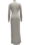 White Sexy Mesh See-Through Long Sleeve O Neck Collcet Waist Elastic Split Long Dress SMR10482-1