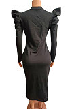 Black Euramerican Women Sexy Zipper Solid Color Round Collar Mid Waist Puff Sleeve Plus Midi Dress FA8012-1