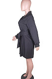 Black Simple Autumn Long Sleeve Lapel Neck Single-Breasted With Beltband Shirt Dress BS1285-1