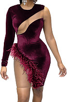 Wine Red Women Club Suit Sexy Fur Mesh Spaghetti Spliced Irregular Mini Dress GL6317-1