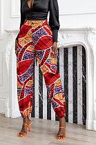 Red Modest Print With Pocket Zipper Casual Ankle Banded Pants BS1286-2