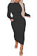 Black Euramerican Women Pure Color Long Sleeve Sexy Midi Dress ANK06028-2