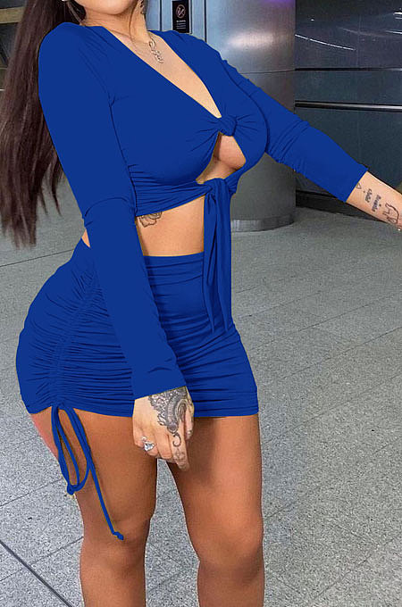 Blue Euramerican Women Autumn Long Sleeve Shirred Detail Tied Hip Sexy Pure Color Skirts Sets Q938-5