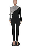 Gray Modest Color Matching Long Sleeve Stand Neck Zipper Bodycon Jumpsuits HY5241-1
