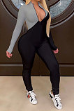 White Modest Color Matching Long Sleeve Stand Neck Zipper Bodycon Jumpsuits HY5241-3