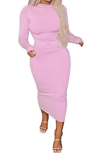 Pink Red Euramerican Women Pure Color Long Sleeve Sexy Midi Dress ANK06028-3