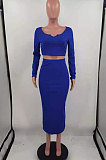 Blue Cotton Blend Long Sleeve Notched Neck Crop Top Split Skirts Solid Color Two-Piece HH8984-2