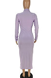 Light Purple Euramerican Women Pure Color Long Sleeve Sexy Midi Dress ANK06028-1