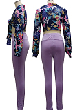 Purple Wholesal New Digital Print Long Sleeve Bandage Crop Top Bodycon Pants Two-Piece SMR10283-4
