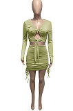 Light Green Euramerican Women Autumn Long Sleeve Shirred Detail Tied Hip Sexy Pure Color Skirts Sets Q938-4