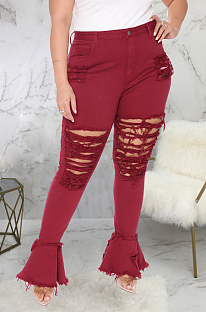 Wine Red Simple New Water Washing Hole Splced Flare Jean Pants SMR2563-1