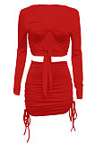 Red Euramerican Women Autumn Long Sleeve Shirred Detail Tied Hip Sexy Pure Color Skirts Sets Q938-2