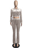 Khaki Wholesale New Korea Velvet Long Sleeve Zipper Front Coat Flare Pants Casual Sets FH171-7