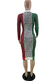 Wholesal Ribber Colorful Print Long Sleeve Round Collar Slim Fitting Midi Dress QC8048 