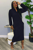 Navy Blue Women Solid Color Casual Long Hollow Out Long Sleeve Long Dress FFE172-3
