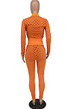 Orange Fashion Hollow Out Long Sleeve Stand Neck Zipper Top Bodycon Pants Two-Piece HY5240-2
