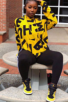 Yellow Euramerican Fashion Autumn Winter Women Fleece Cloth Letters Printing Pocket Hoodie Tops BLE2519