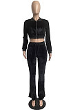 Black Wholesale New Korea Velvet Long Sleeve Zipper Front Coat Flare Pants Casual Sets FH171-3