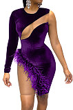 Black Women Club Suit Sexy Fur Mesh Spaghetti Spliced Irregular Mini Dress GL6317-3