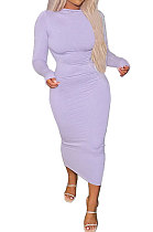 Light Purple Euramerican Women Pure Color Long Sleeve Sexy Midi Dress ANK06028-1