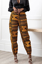 Brown Modest Print With Pocket Zipper Casual Ankle Banded Pants BS1286-1