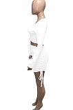 White Euramerican Women Autumn Long Sleeve Shirred Detail Tied Hip Sexy Pure Color Skirts Sets Q938-1