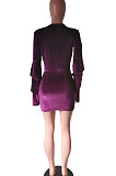 Pink Fashion Autumn Winter Spliced Vintage Solid Color Deep V Collar Horn Sleeve Mini Dress HM5270-3