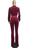 Wine Red Wholesale New Korea Velvet Long Sleeve Zipper Front Coat Flare Pants Casual Sets FH171-6